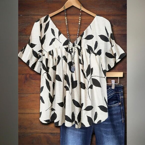 Women's V-neck Short Sleeve Leaves Print Ruffle Sleeve Top - Picture 1 of 2
